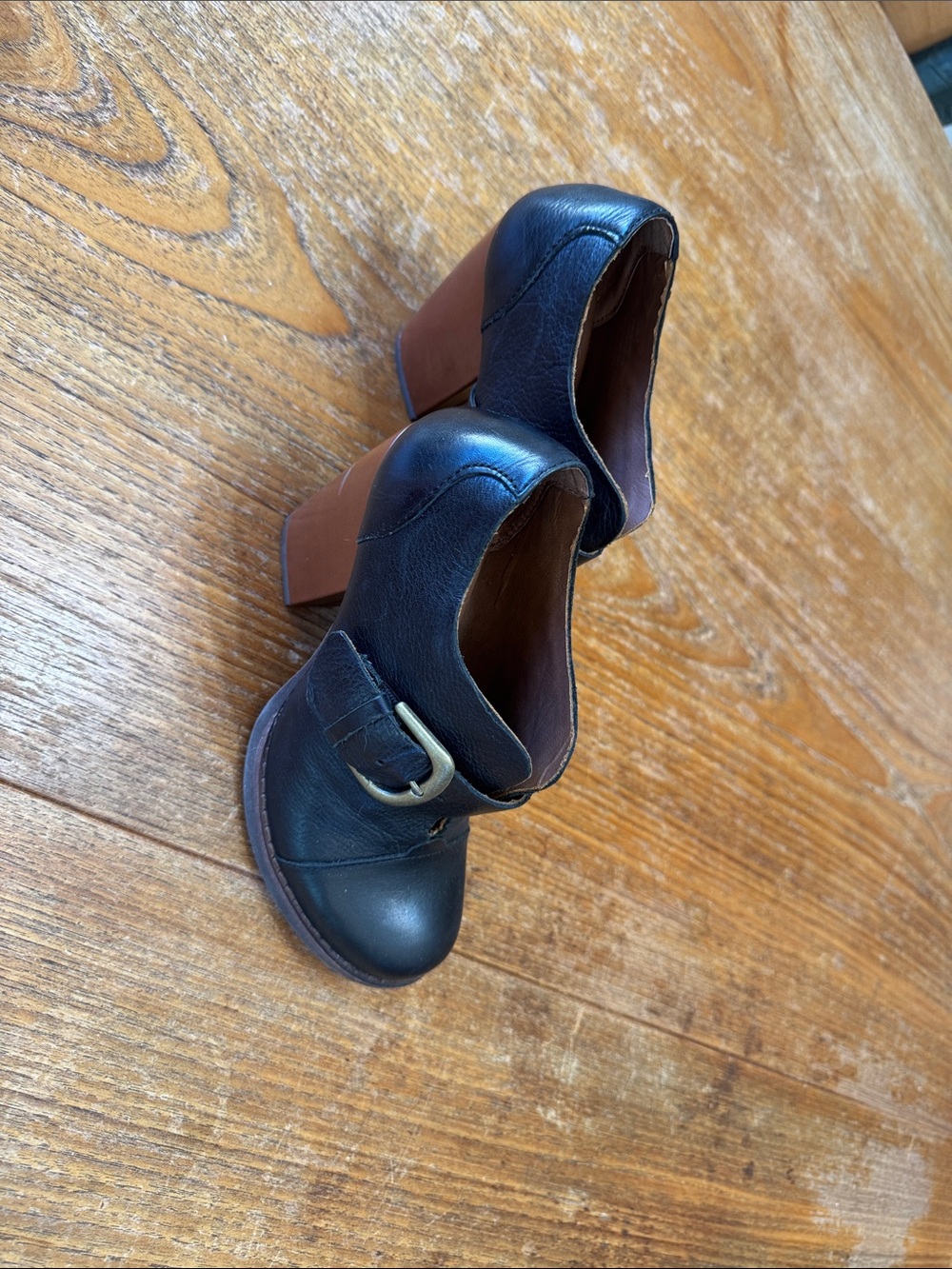 Kork-Ease Black Leather Mary Jane Block Heel with Brown Heel